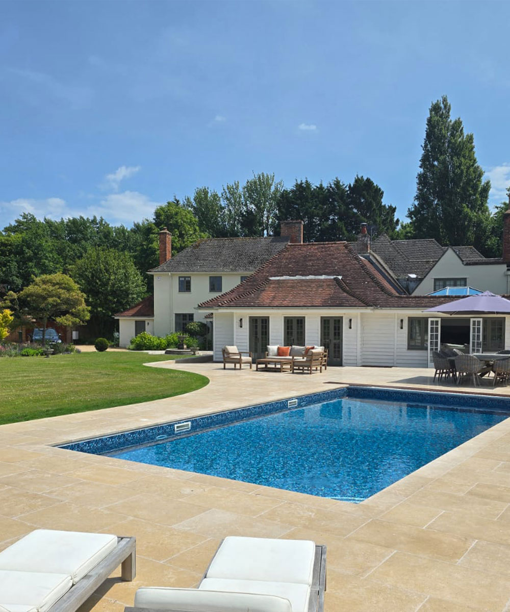 Lymington Beige Limestone Swimming Pool Copings and Patio New Forest