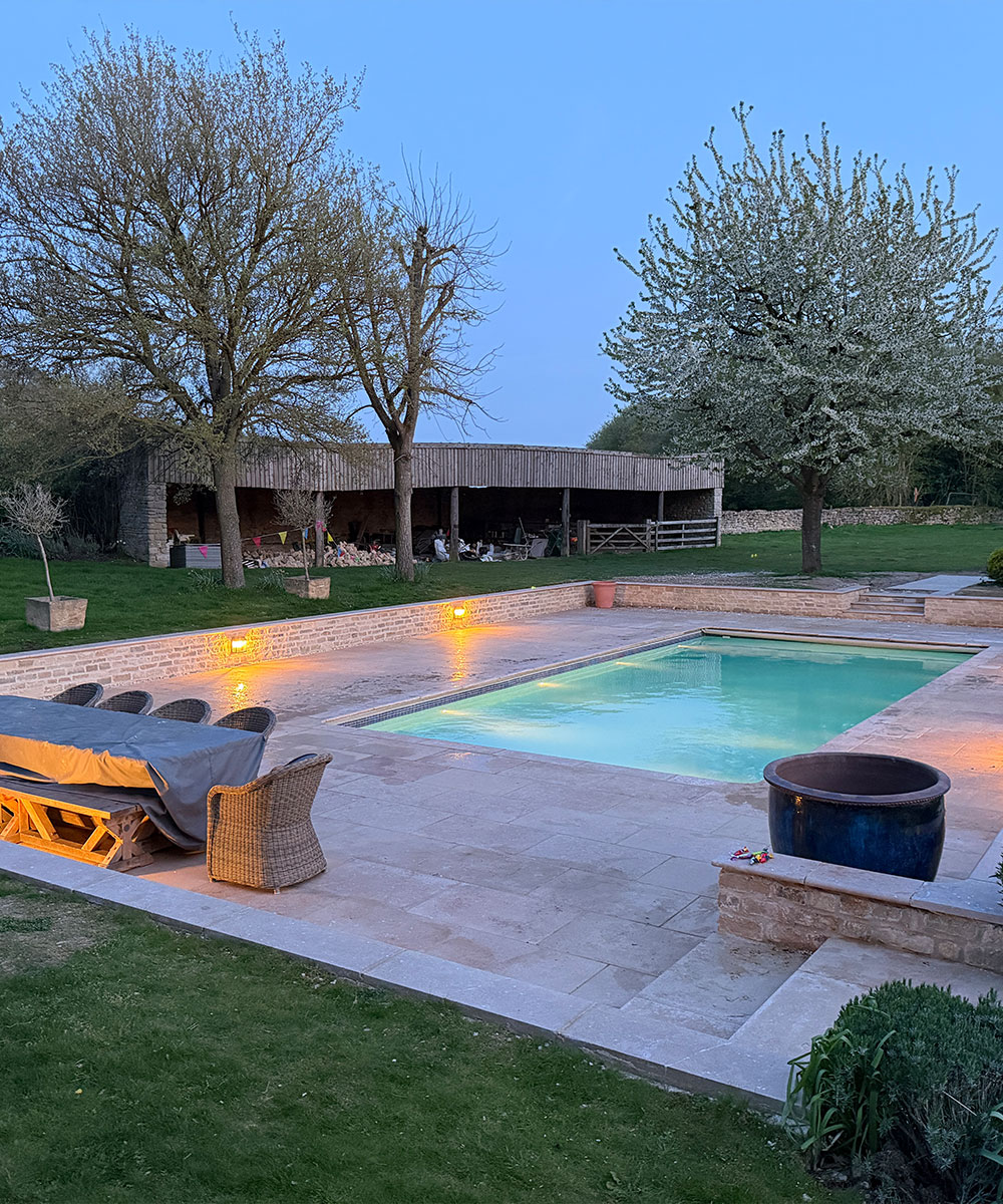 Lymington Dusk Egyptian Limestone Swimming Pool Buckinghamshire
