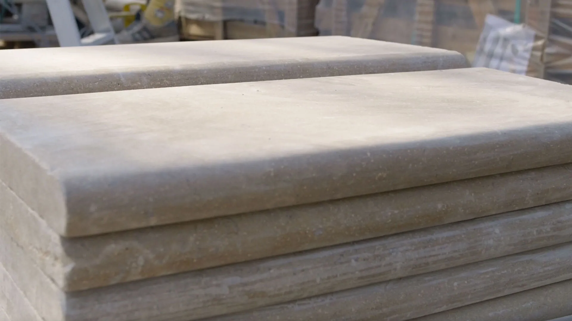 Lymington Beige limestone bullnose copings at the Forest Stone yard
